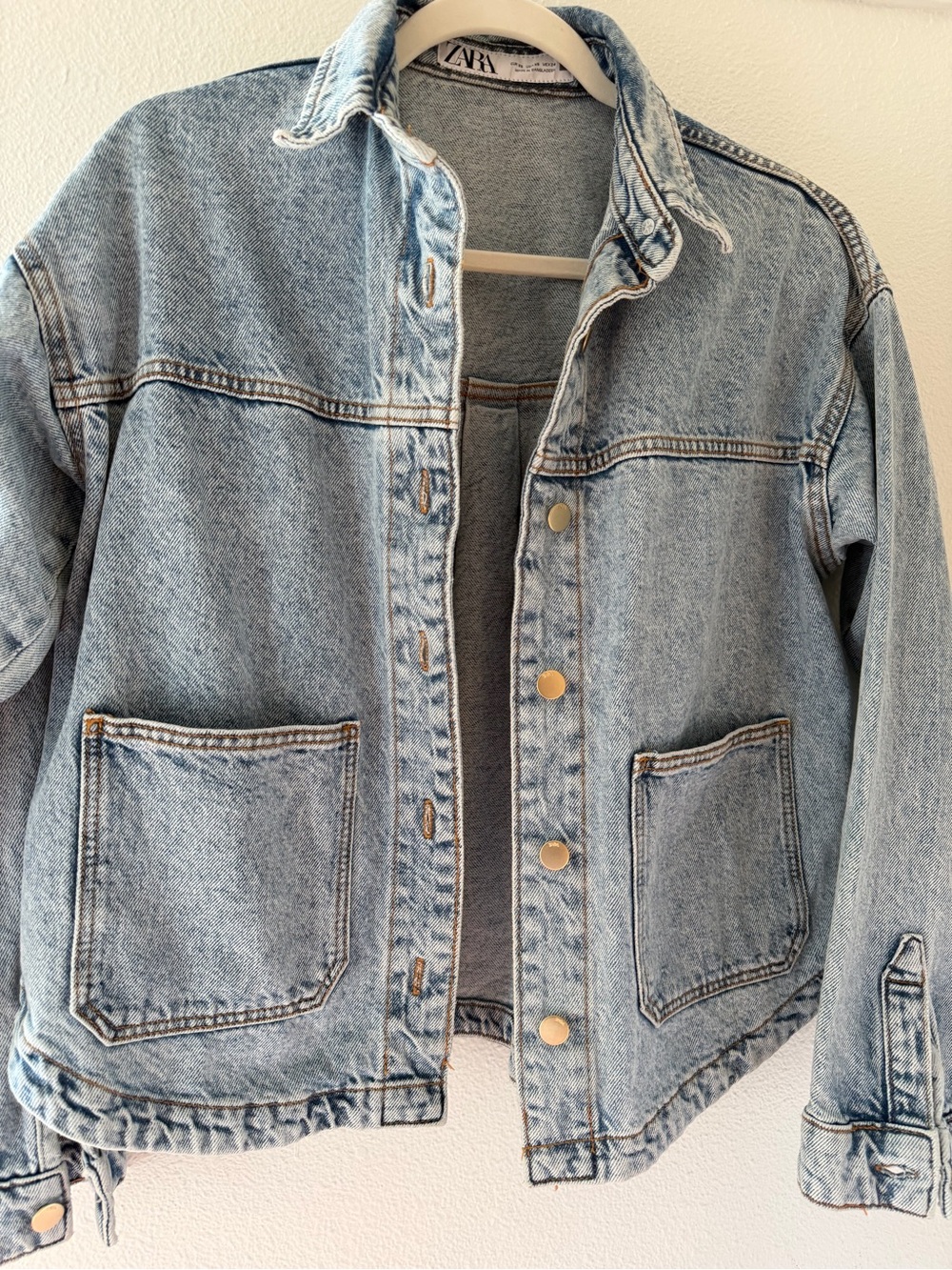 Zara Light Wash Blue Denim Jacket with Patch Pockets